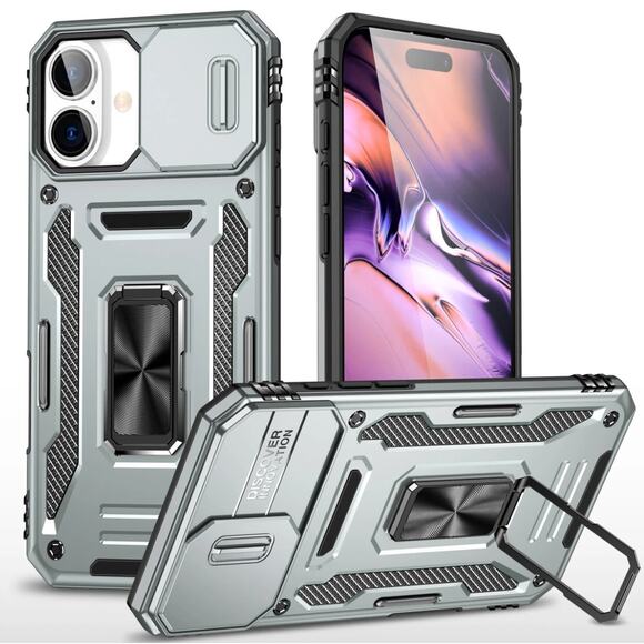 iPhone 14 Pro Max Military Grade Ring Holder Silver Case with Camera Lens Cover - Picture 1 of 10